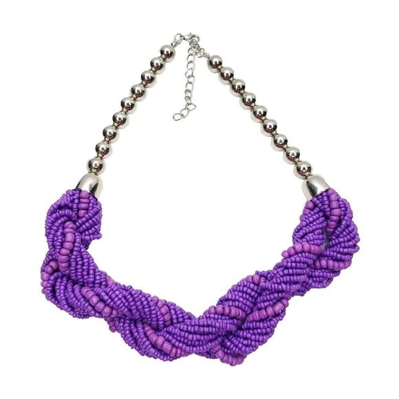 Twisted Multi Strand Purple Beaded Necklace Silvertone Round Beads 18" - Picture 1 of 3